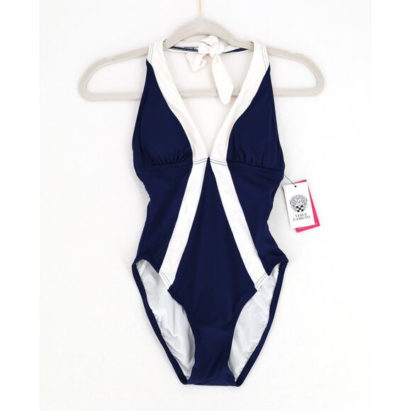 Vince Camuto Women Navy/White Color-Block Halter One Piece Swimsuit Size US 4 - Picture 2 of 4